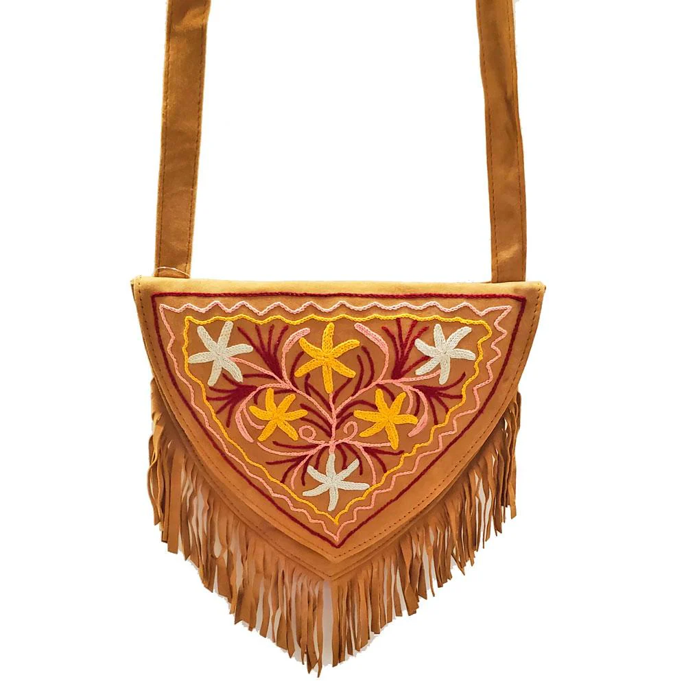 Kashida Embroidered Bihar Suede Fringe Tassel Shoulder Bag - Image 3