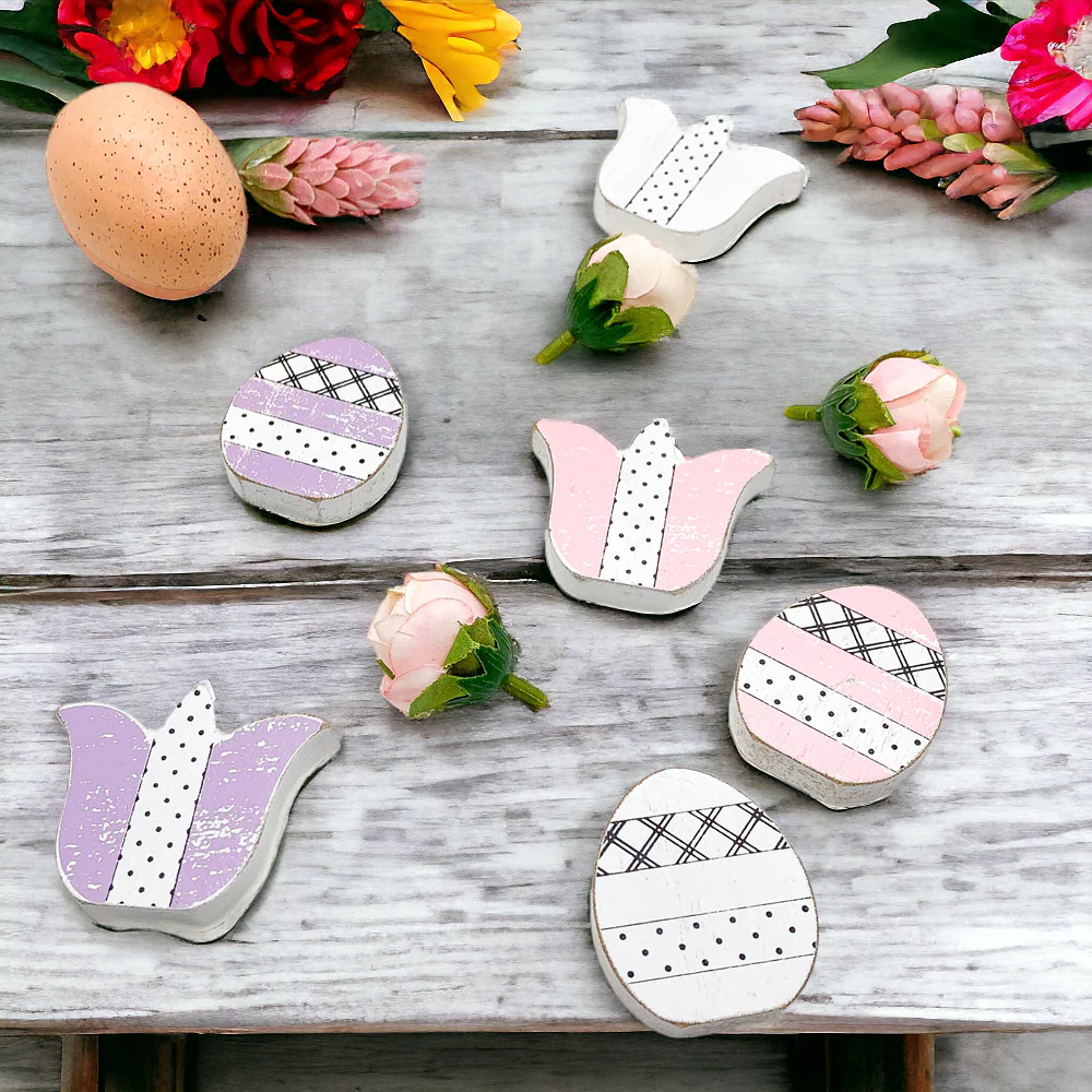 Handmade Wooden Spring Easter Decor 6Pc Accents Tulips And Easter Eggs Mantel Tier Tray Display - Image 3
