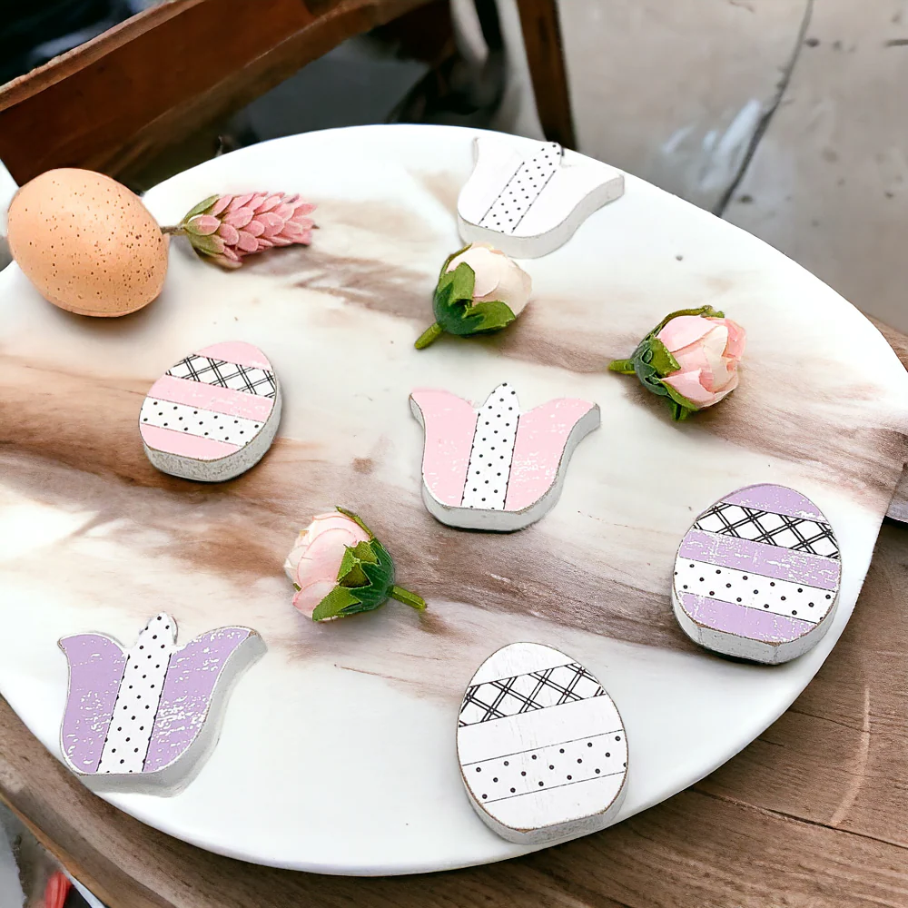Handmade Wooden Spring Easter Decor 6Pc Accents Tulips And Easter Eggs Mantel Tier Tray Display - Image 5